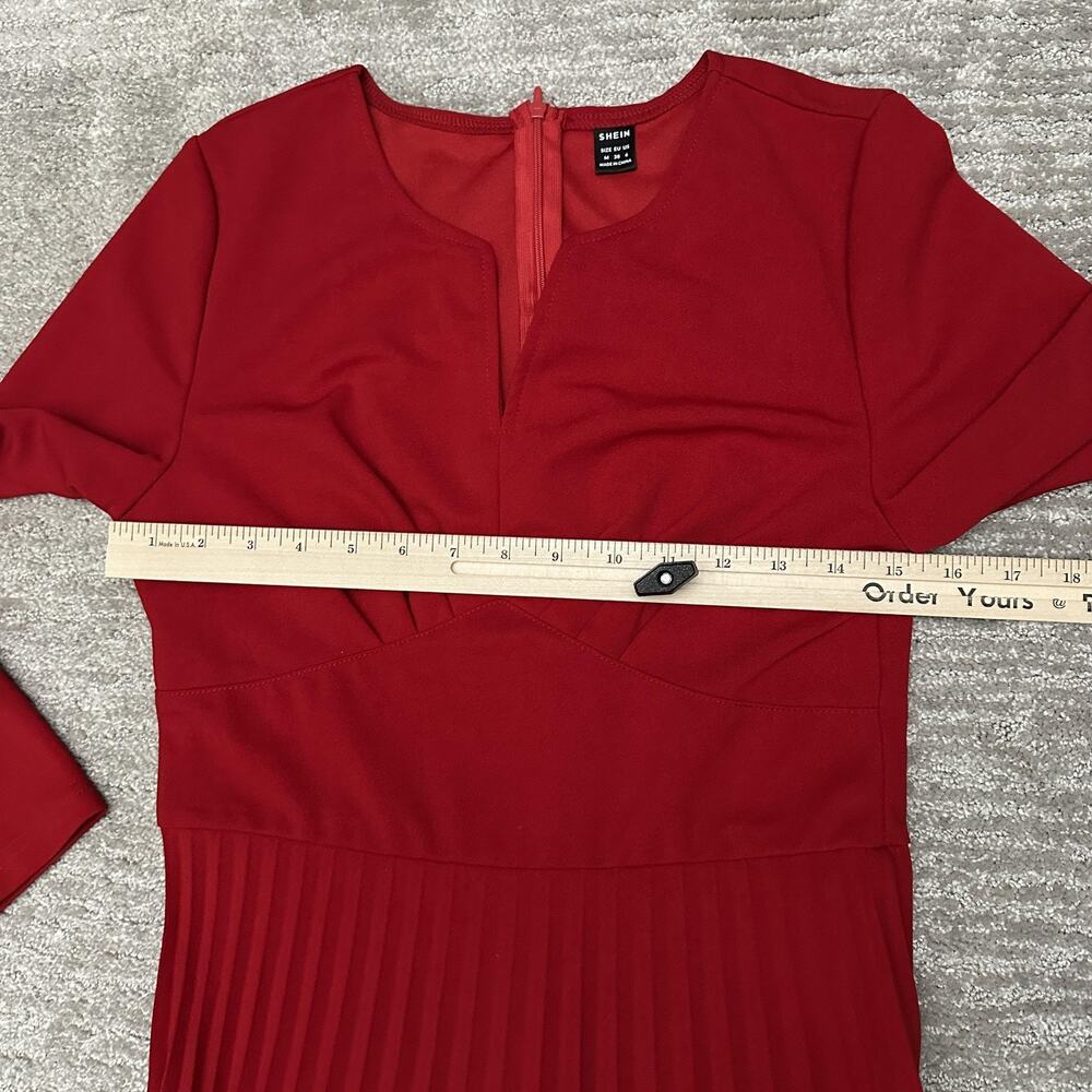 SHEIN Dress Womens Medium 6 Red Pleated Midi V Notch Back Zip Holiday Christmas - Picture 8 of 12
